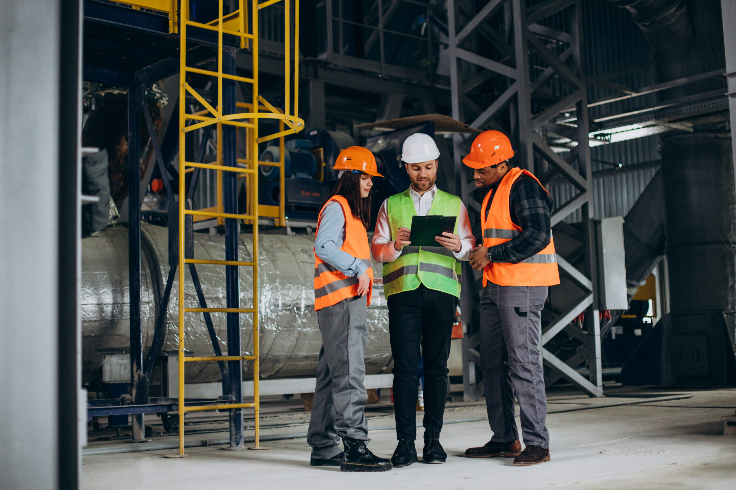 three factory workers in safety hats discussing manufacture plan